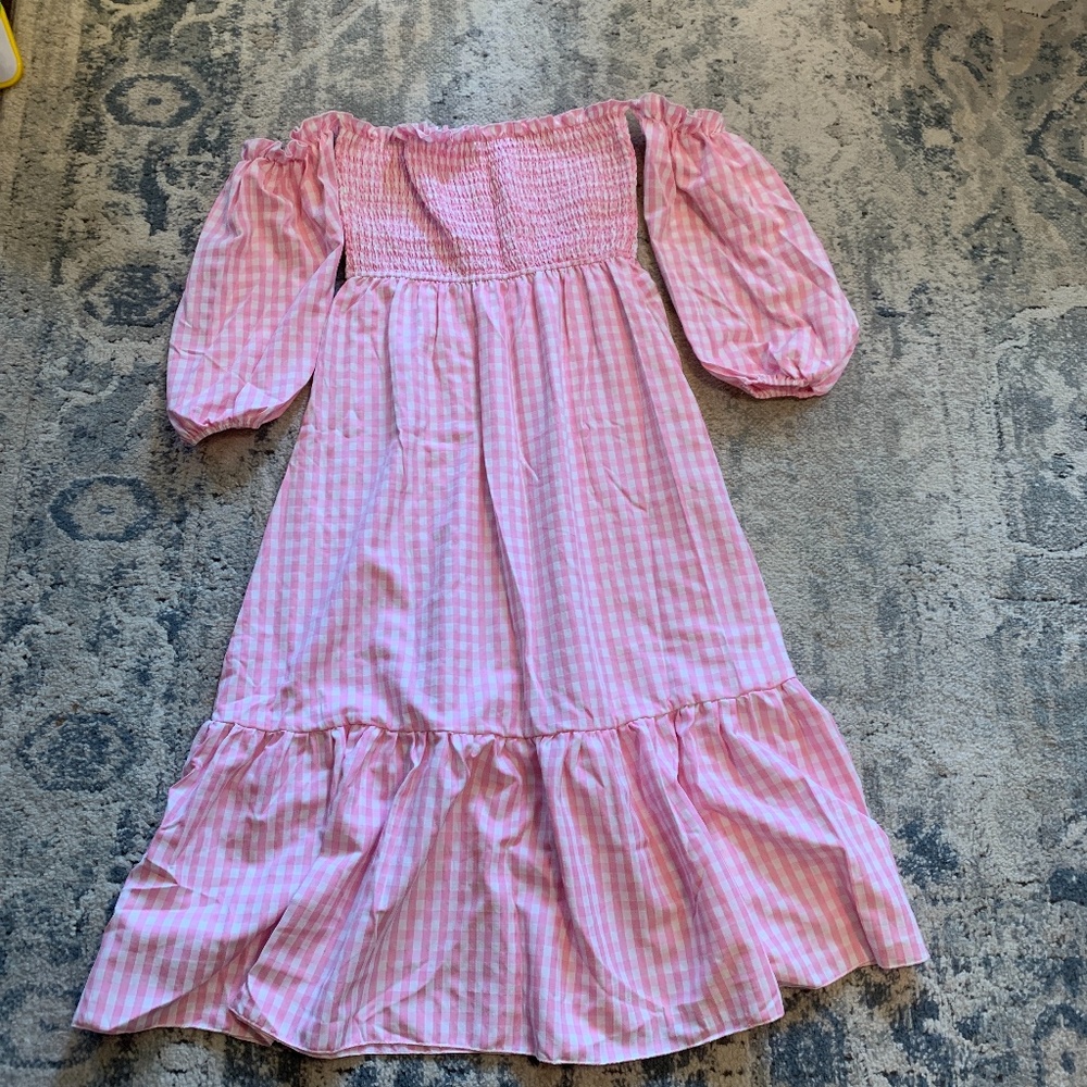Gingham pink and white off the shoulder midi dress